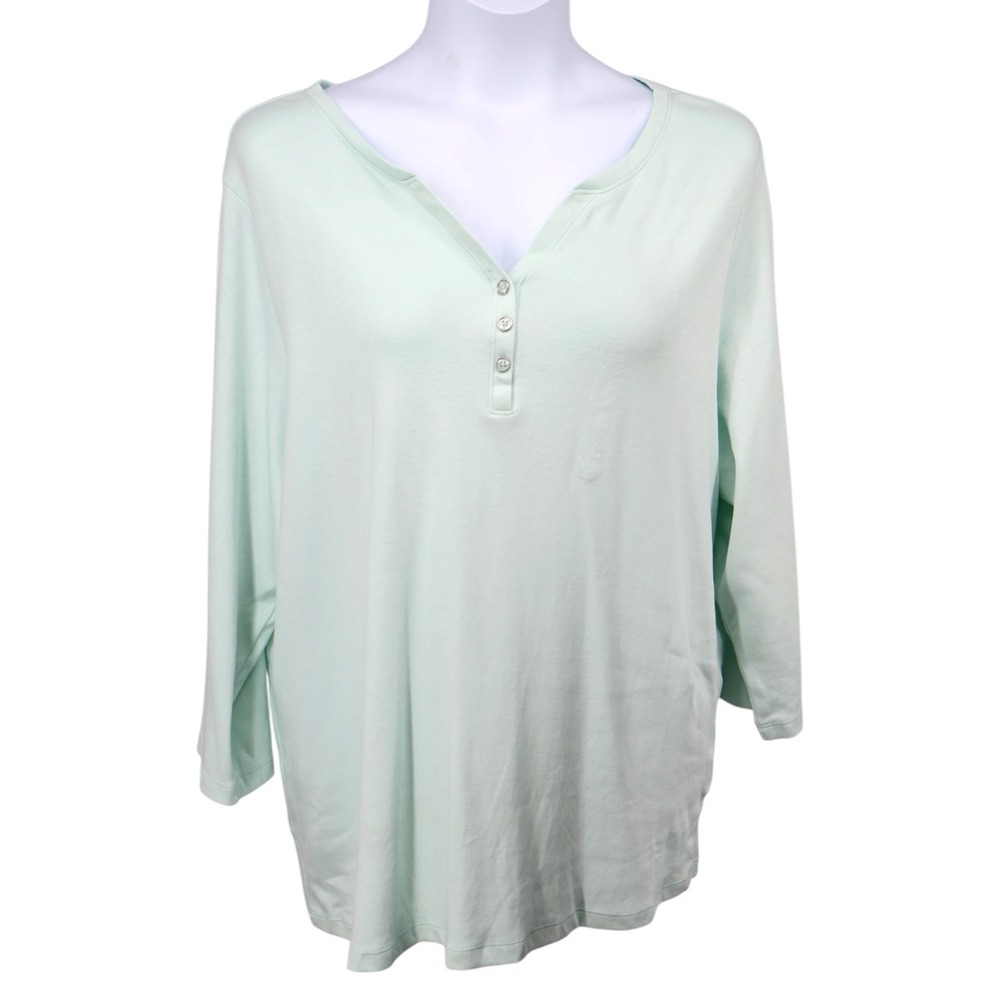 Karen Scott Plus Mint Green Henley Top 3/4 Sleeve Soft Cotton 3X NWT